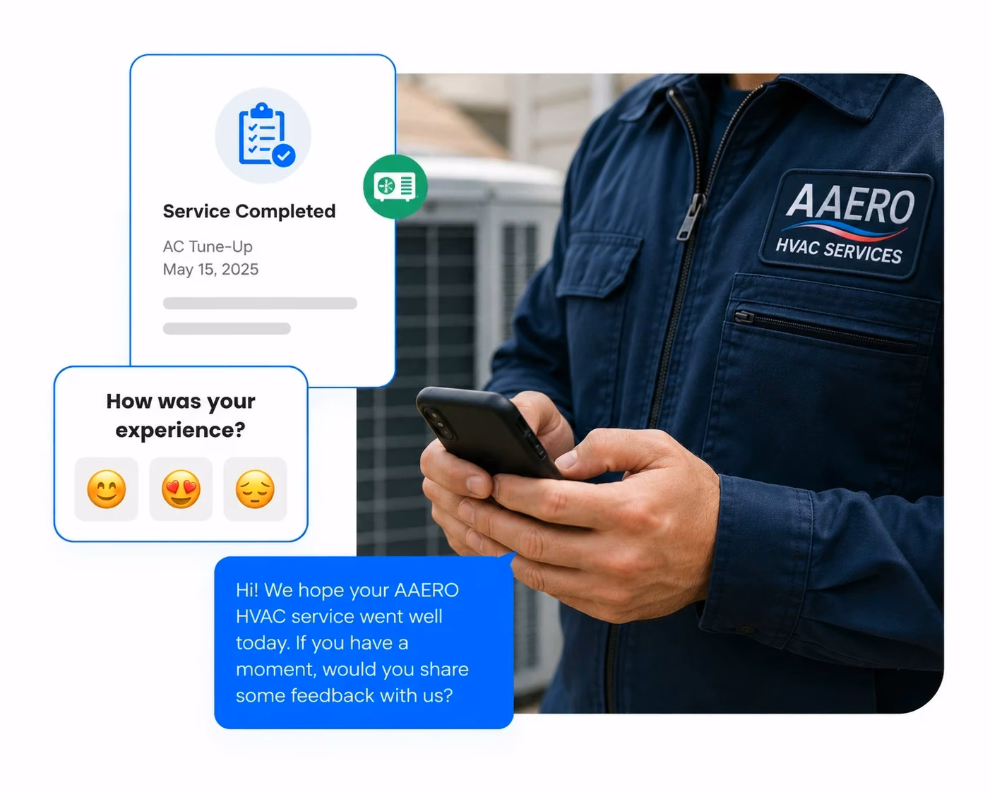 Aaero HVAC technician checking a customer's post-service feedback on a phone after an AC tune-up